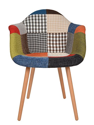 1 x Design Klassiker Patchwork Sessel Retro 50er Jahre Barstuhl Wohnzimmer Küchen Stuhl Esszimmer Sitz Holz Leinen bunt