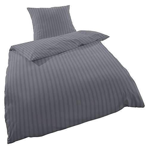 2-tlg/4-tlg Bettwäsche, hochwertiger Mako Satin,135x200 aus 100% mercerisierter Baumwolle mit schlichten Streifen in grau braun und ecru - anthrazit 4-teilig