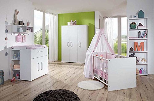 3-tlg. Babyzimmer in weiß, Kleiderschrank B: 130 cm, Wickelkommode B: 87 cm, Babybett 70 x 140 cm