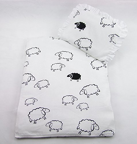 4 tlg. Set Bezug für Kinderwagen Garnitur Bettwäsche Decke + Kissen + Füllung (Schafe Weiß)