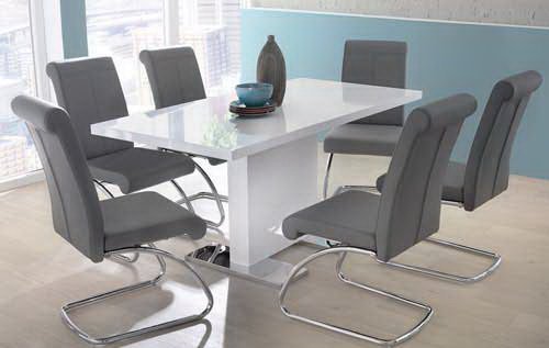 Esstisch in weiß Hochglanz, ausziehbarer Esszimmertisch, 120-160 cm breit und 80 cm tief, Küchentisch rechteckig und modern