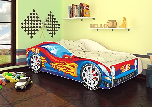 Best For Kids Autobett Kinderbett Bett Auto Car Junior in vier Farben mit Lattenrost und Matratze 70x140 cm Top Angebot! (Rot-Blau)
