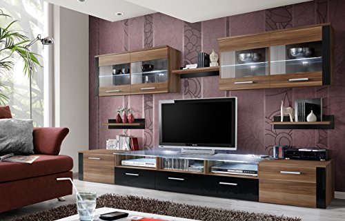 BMF ZOOM Modern HIGH GLOSS Living Room / Bedroom / STUDIO FLAT - WALL UNIT - WITH CABINETS - LED GLASS SHELVES - ONLY FROM BMF !!! - MATT BODY / HIGH GLOSS FRONTS by BMF