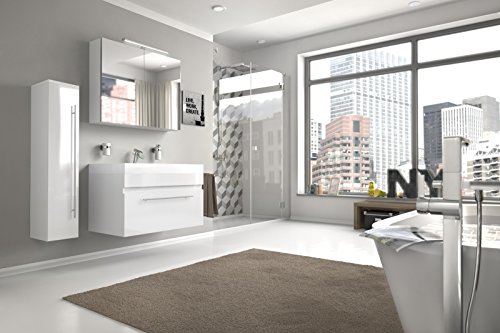 Bad11® - Badmöbelset LAZZARO 3 teilig 80 cm, Bad-Möbel Set mit Waschplatz inklusive Mineralguss-Waschbecken, exklusive Badezimmer-Ausstattung in Hochglanz weiß, Designer-Bad mit Spiegelschrank und Hochschrank