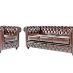 Original Chesterfield Sofa und Sessel - 1 / 3 Sitzer - Vollständig Handgewaschenes Leder – Antik Braun