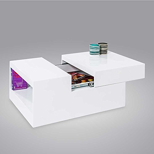 Design Couchtisch mit aufschiebbarer Tischplatte Weiß Hochglanz Pharao24