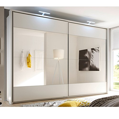 Design Schwebetürenschrank BRONX 315cm weiß mit Spiegel Kleiderschrank