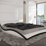 Designer Leder Bett Polsterbett geschwungenes Lederbett weiss mit schwarz wellenförmig modern gewelltes Bett günstig (180x200 cm)