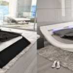 Designer Leder Bett Polsterbett mit 16 farbiger LED Beleuchtung Lederbett weiss oder schwarz wellenförmig modern gewelltes Bett günstig (160x200 cm)