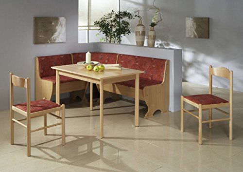 Dreams4Home Eckbankgruppe 'Rio' Essgruppe 159 x 119 x 79 cm Tisch 2 Stühle modern Buche Dekor rot Eckbank Küchentisch 4-teilig Landhaus Küche
