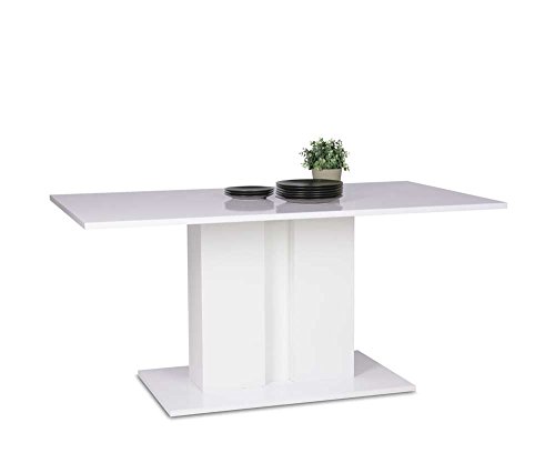Esstisch, Esszimmertisch, Küchentisch, Säulentisch, Tisch, LED Beleuchtung, weiß, Hochglanz, rechteckig, 160 x 90 cm