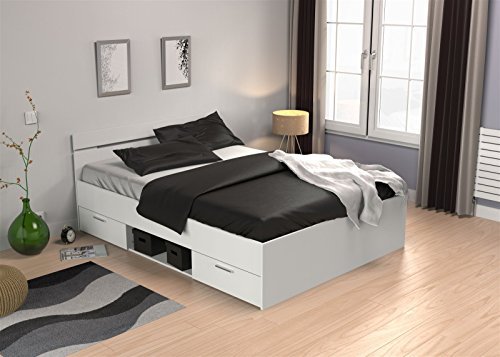 Funktionsbett Stauraumbett Bett mit Schubladen + Nische weiß 160x200 cm