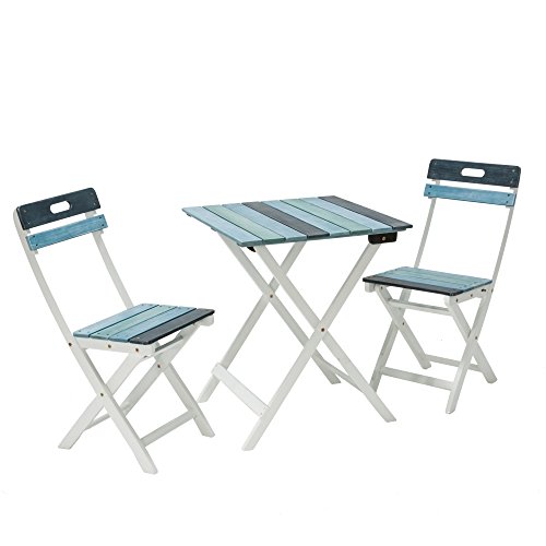 Gartenmöbel-Set 2 Klapp-Stühle 1 Klapp-Tisch Eukalyptus-Holz Maritim Blau Weiß