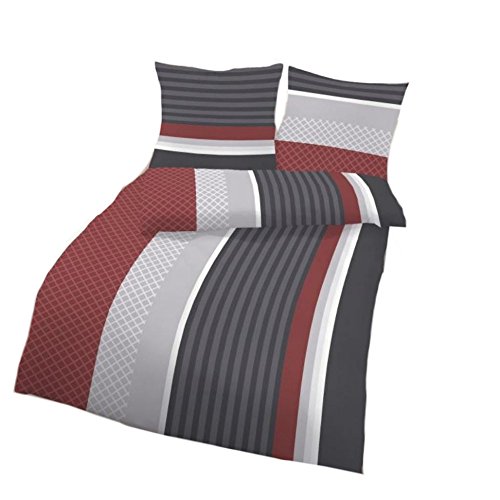 Biber Bettwäsche 2 teilig Gestreift Bettbezug Größe 135x200 Und Kissen 80x80 CM Für Erwachsene Hochwertige Marken Qualität Set Rot Grau Weiß Streifen Markenqualität 100 Prozent Aus Deutschland