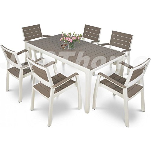 JUSThome Essgruppe Gartenmöbel Gartengarnitur FLORENCE 6x Stuhl + 1x Tisch Weiß Braun