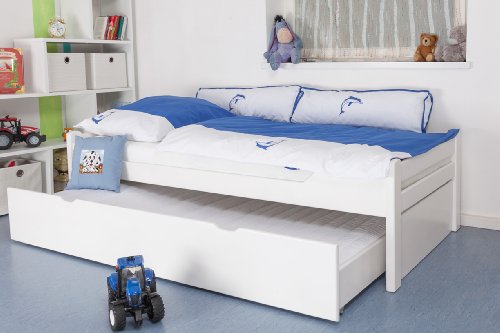 Kinderbett / Jugendbett "Easy Sleep" K1/1h inkl. 2. Liegeplatz und 2 Abdeckblenden, 90 x 200 cm Buche Vollholz massiv weiß lackiert