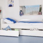 Kinderbett / Jugendbett "Easy Möbel" K1/n/s inkl 2 Schubladen und 2 Abdeckblenden, 90 x 200 cm Buche Vollholz massiv weiß lackiert