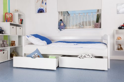 Kinderbett / Jugendbett "Easy Möbel" K1/n/s inkl 2 Schubladen und 2 Abdeckblenden, 90 x 200 cm Buche Vollholz massiv weiß lackiert