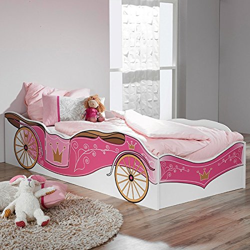 Kinderbett weiß pink 90*200 cm GS-geprüft Jugendzimmer Kinderzimmer Bett Kutschenbett Bettliege Mädchenbett Prinzessinenbett Jugendbett