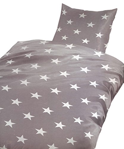 Leonado Vicenti 4 tlg. / 2x2 tlg. Bettwäsche Baumwoll-Biber 135x200 cm in grau/weiß Sterne Set mit Reißverschluss