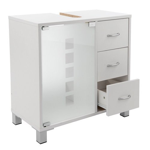 Limal Waschtischunterschrank mit 3 Schubladen Holz weiß, 30 x 60 x 56 cm | Glastür | Teilrückwand | Aussparung für Siphon