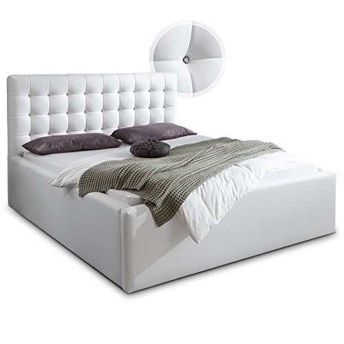 Luxus Polsterbett mit Bettkasten Selly mit Zirkonia Steinen XXL Kunslederbett Doppelbett Ehebett Weiß (140x200cm)