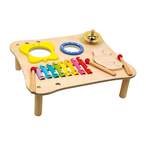 Musiktisch / Musikinstrument aus Holz mit Xylophon, Ratsche, Schelle und Trommel, für Kinder ab 3 Jahren, inkl. Holzschlegel