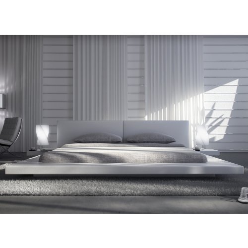 Polster-Bett 200 x 200 cm weiß aus Kunstleder mit integrierten Nachtkonsolen | Lraep | Das Kunst-Leder-Bett ist ein edles Designer-Bett Doppel-Bett 200 cm x 200 cm mit extrem niedriger Betthöhe