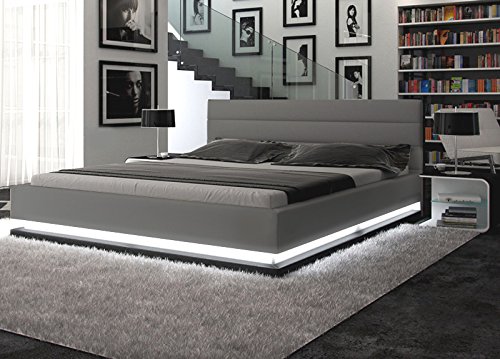 Polster-Bett 200x200 cm grau aus Kunstleder mit LED-Beleuchtung am Fuß des Bettes | Inapir | Das Kunst-Leder-Bett ist ein edles Designer-Bett | Doppel-Bett 200 cm x 200 cm in Leder-Optik, Made in EU)