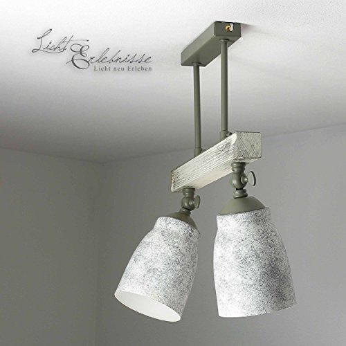 Raffinierte Deckenleuchte in Shabby Weiß Grau gemustert Vintage Design 2x E27 bis zu 60 Watt 230V aus Metall & Holz Küche Esszimmer Lampe Leuchten Beleuchtung innen
