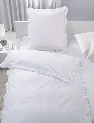 7dreams® Romantische Bettwäsche mit Rüschen Weiß 100% Baumwolle 135x200cm / 80x80cm - besonders weich - mit Reißverschluss