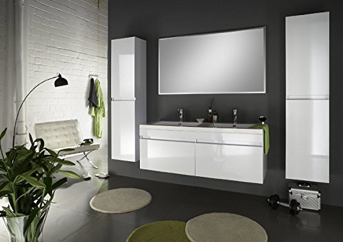 SAM® Badmöbel Set 4tlg Komplettset in Hochglanz weiß, 140 cm breiter Doppel-Waschplatz, Badezimmermöbel bestehend aus 1 x Spiegel, 1 x Doppel-Waschplatz und 2 x Hochschrank [520115]