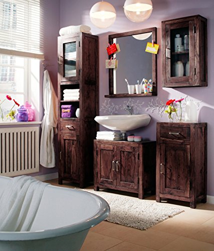 SAM® Design Badmöbel-Set Timber, 67 cm, Badezimmermöbel in tabak-farben aus Akazie-Holz, 5tlg. Designer Badezimmer bestehend aus 1 Waschplatz, 1 Spiegel, 1 Hochschrank, 1 Hängeschrank, 1 Unterschrank