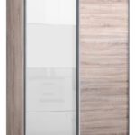 Schwebetürenschrank, Kleiderschrank, ca. 150 cm breit, Eiche Sonoma mit Glas Weiss, Schiebetürenschrank