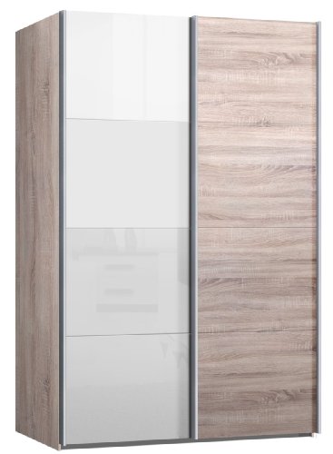 Schwebetürenschrank, Kleiderschrank, ca. 150 cm breit, Eiche Sonoma mit Glas Weiss, Schiebetürenschrank