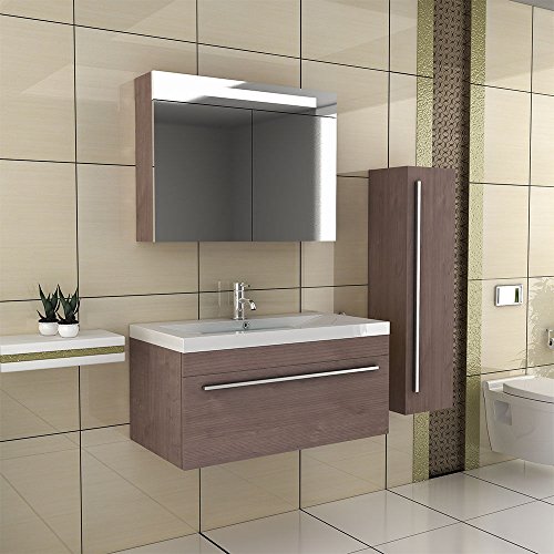 Badmöbel Set mit Waschbecken aus Mineralguss und Unterschrank mit Softclose-Funktion / braun / Modell: Garda 900