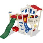 WICKEY Kinderbett CrAzY Hutty Hochbett Abenteuerbett - Rot-Blau + grüne Rutsche + weiße Farbe