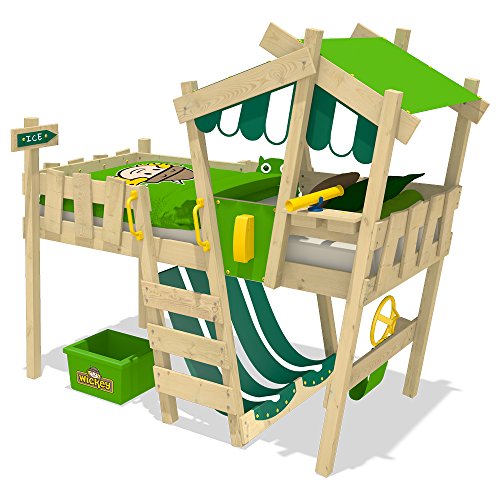 WICKEY Kinderbett CrAzY Hutty Hochbett mit Dach Abenteuerbett mit Lattenboden, apfelgrün-grün