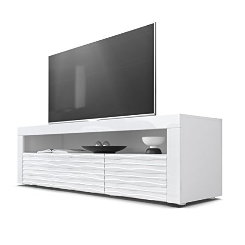 TV Board Lowboard Valencia, Korpus in Weiß / Fronten in Weiß Hochglanz Harmony 3D Struktur und Blenden in Weiß Hochglanz