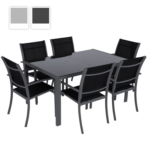 7-teilige Gartengarnitur Sitzgarnitur (Farbwahl) Sitzgruppe mit Glastisch, komfortable Aluminium Gartenmöbel in hellgrau oder dunkelgrau