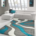Designer Teppich Moderner Teppich Wohnzimmer Teppich Kurzflor Teppich mit Konturenschnitt Wellenmuster Türkis Grau Weiss