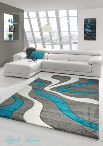 Designer Teppich Moderner Teppich Wohnzimmer Teppich Kurzflor Teppich mit Konturenschnitt Wellenmuster Türkis Grau Weiss