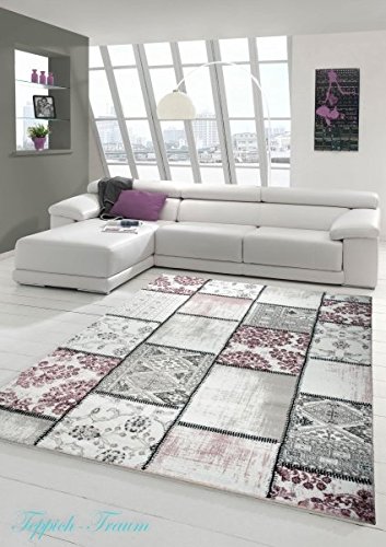Edler Designer Teppich Moderner Teppich Wohnzimmer Teppich Patchwork Vintage Meliert Karo Muster in Lila Creme Grau Rosa Schwarz