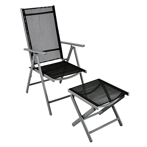 Klappstuhl Gartenstuhl Campingstuhl Liegestuhl mit Hocker – Sitzmöbel Garten Terrasse Balkon – klappbarer Stuhl aus Aluminium & Kunststoff - schwarz