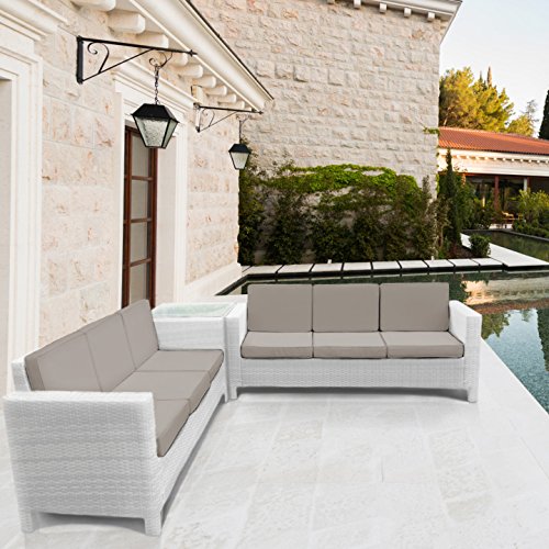 LuxuryGarden® Afef Rattan Sitzgruppe Lounge Ecke Weiß Sofa Set 3-Sitzer Ecksofa Couch Korb Gartenmöbel