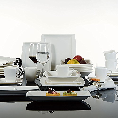Malacasa, Serie Blance, 32-teilig Kombiservice Porzellan Eckig Geschirrset in Klassischem Design mit je 6 Kaffeetassen 180ml, 6 Untertassen, 6 Dessertteller, 6 Tiefteller, 6 Flachteller, 1 Rechteckige Platte und 1 2-Speisefächer