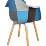 ts-ideen Design Klassiker Patchwork Sessel Retro 50er Jahre Barstuhl Wohnzimmer Büro Küchen Stuhl Esszimmer Sitz Holz Stoff bunt blau