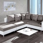 Design Ecksofa mit Hocker LOFT weiss Strukturstoff grau Federkern Sofa OT beidseitig aufbaubar