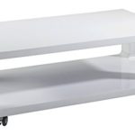 CAVADORE Couchtisch LEONA / moderner, niedriger Holztisch mit Rollen und Ablage / Hochglanz Weiß / 105 x 58 x 38 cm (L x B x H)