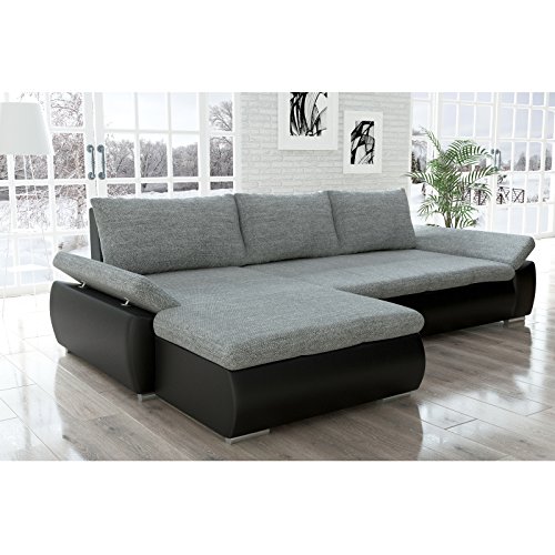 Sofa Polsterecke Kreta Schwarz/ Strukturstoff Grau - Ecksofa von Jalano Schlafsofa L-Form links - Schlafcouch mit Kissen
